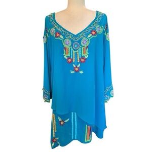 Soft Surroundings Cold Shoulder Embroidered Blue Assymetrical Tunic Blouse